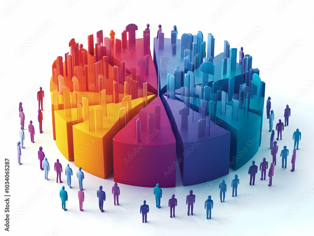 Poster flat holographic voter demographic pie chart concept: aerial view of a rotating detailed pie chart w