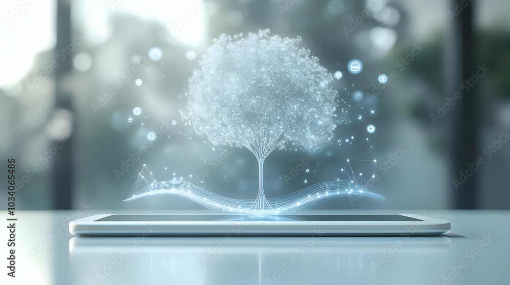 Poster 3d tablet with holographic bridge and growth tree icons - symbolizing compromise and development on 