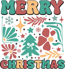 Merry Christmas Retro Boho Christmas Tree Bow Flower Christmas T shirt Design