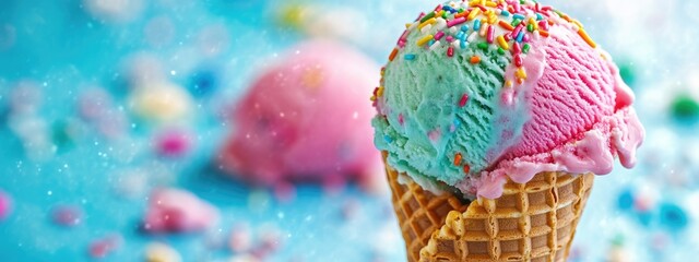 Naklejka premium Close-up of a colorful scoop of ice cream in a waffle cone with sprinkles