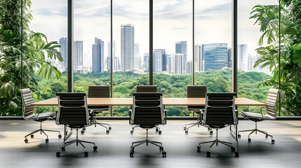 Modern conference room with a view of a city skyline and lush greenery outside.