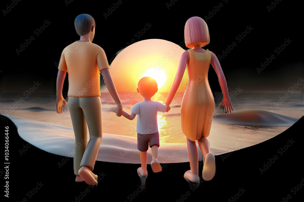 Poster soft abstract image of a family holding hands at sunset on the beach - evoking love and unity with w