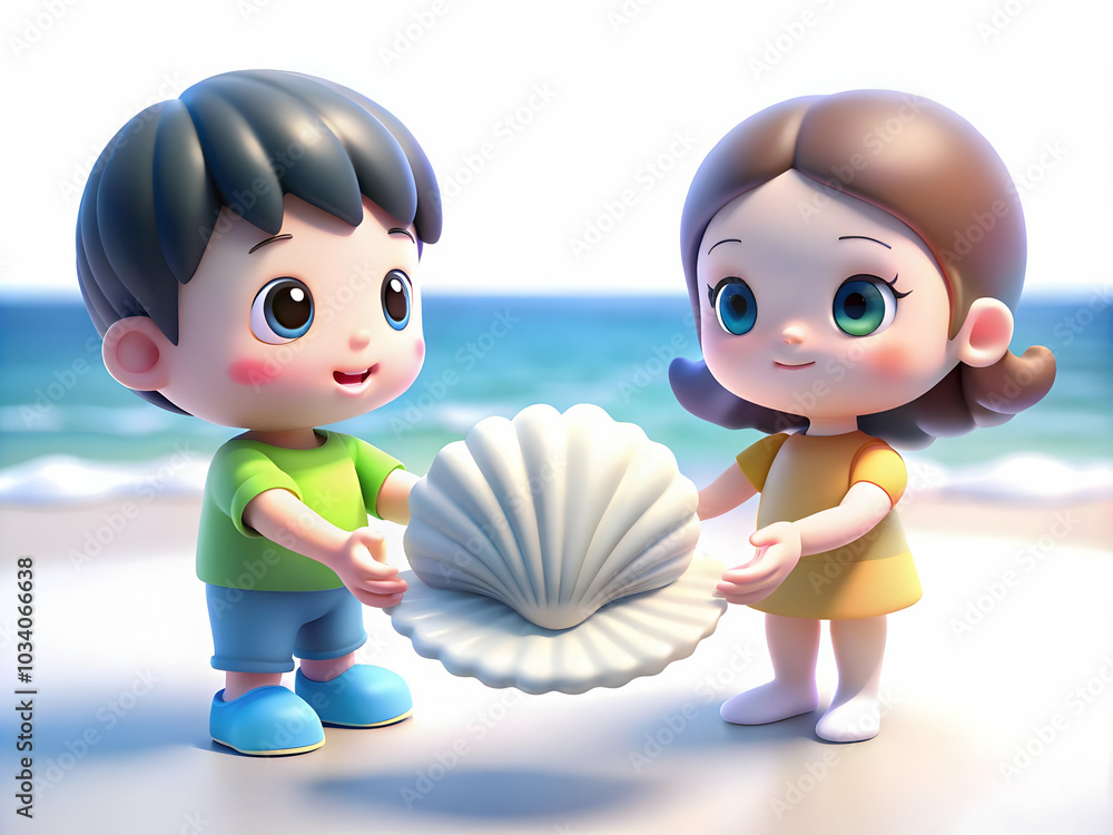 Poster close up of child offering seashell to parent on beach - macro shot symbolizing sharing and affectio