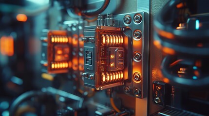 Fototapeta premium Close-up of advanced industrial machinery with glowing lights and mechanical parts