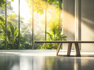 Fototapeta premium A serene indoor space with a wooden bench and large windows showcasing lush greenery.