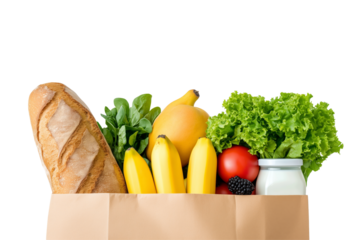 Brown paper bag filled with fresh produce, bread, and milk for healthy grocery shopping. Food concept