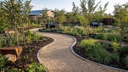 A beautifully landscaped garden designed for eco-friendly living, featuring native plants and a rainwater collection system. Pathways made from recycled materials wind through the garden