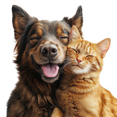 A joyful dog and cat snuggling together in warm affection