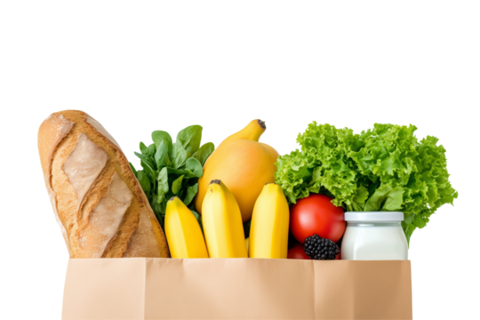 Brown paper bag filled with fresh produce, bread, and milk for healthy grocery shopping. Food concept - Powered by Adobe