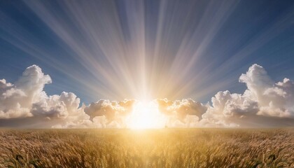 Fototapeta premium Bright sunshine breaking through clouds, symbolizing warmth, light, and positivity.