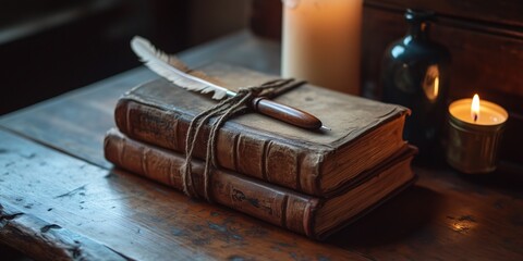 Stack of Vintage Books on Wooden Desk with Feather Quill and Ink