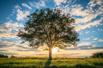 A solitary tree, bathed in sunlight, stands majestically in an open field surrounded by grass under a partly cloudy sky.