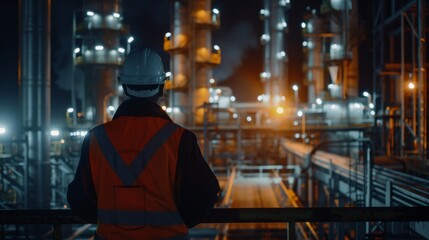 Obraz premium Nighttime View of Industrial Plant with Worker