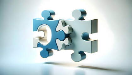 3D Floating Puzzle Pieces Connecting Concept: Two Puzzle Pieces Interlocking in Mid-Air Symbolizing Compromise and Unity for ESG Growth on a White Background
