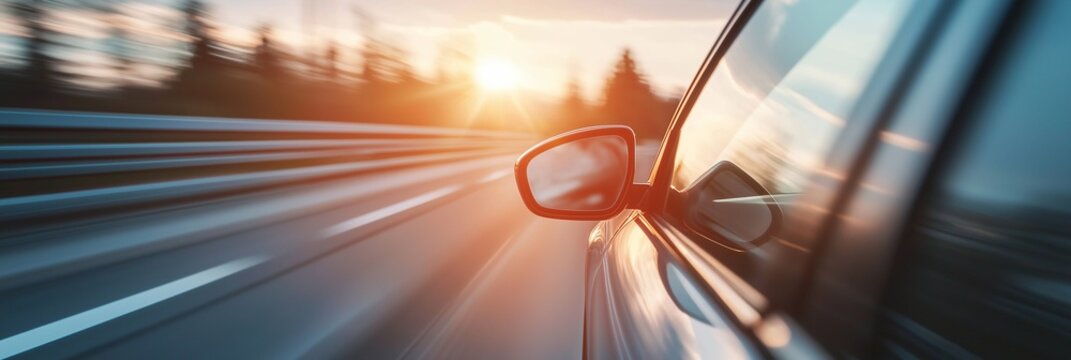A car in motion on a road during sunset, creating dynamic effects.