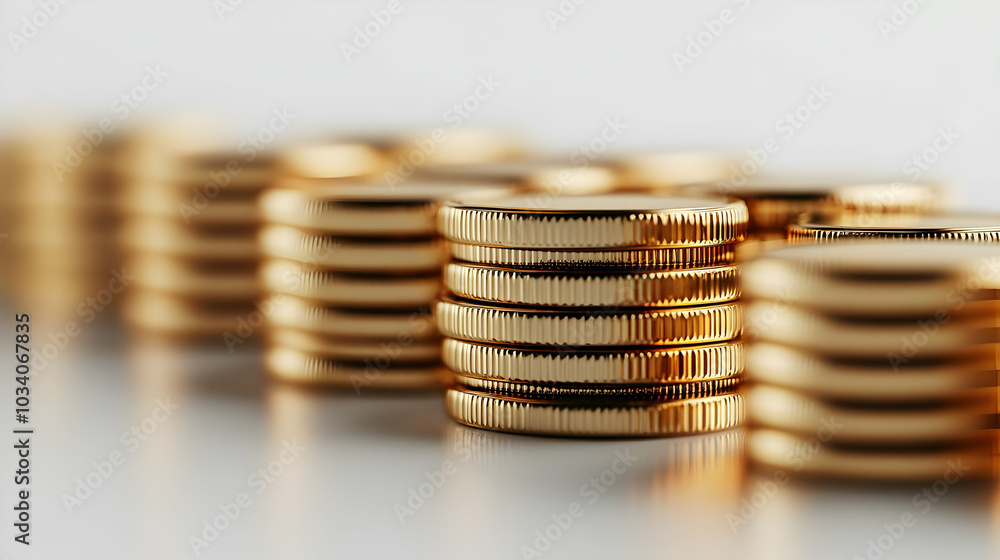 Poster 3d glossy coins stack on white background - shiny revenue coins with copy space for wealth concepts 