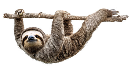 A slow-moving sloth hanging from a branch isolated on a transparent background, PNG 