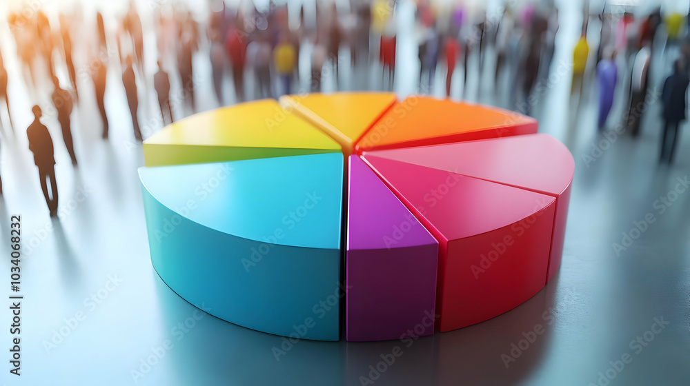 Poster 3d holographic voter demographic pie chart: aerial view of rotating glowing segments for enhanced em
