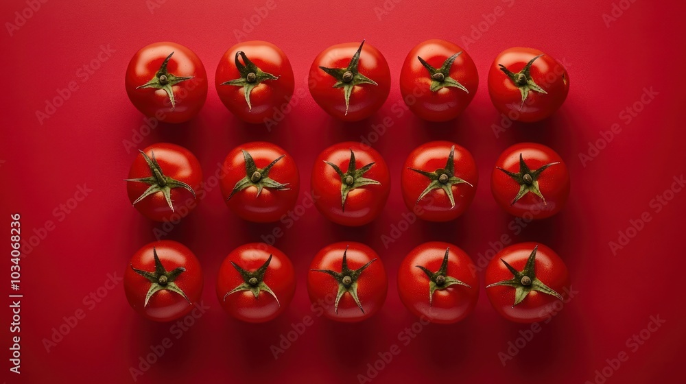Poster a flat lay of eighteen red tomatoes arranged in three rows of six on a vibrant red background.