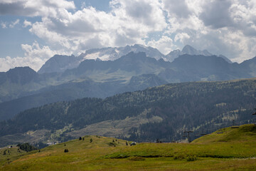 Naklejka premium Panoramic view of Marmolada Mountain and Glacier, from Pralongia over Corvara, Alta Badia, Dolomites , Trentino, Alto Adige, Sudtirol, South Tyrol, Italy