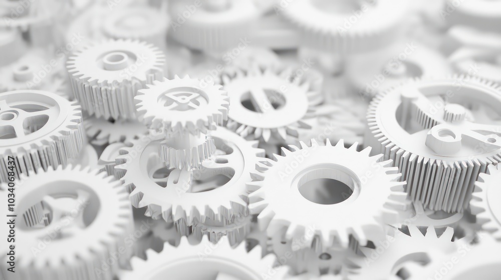 Poster close-up of white gears, interlocking and forming a complex pattern.