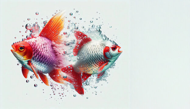 Splash, zwei Fische im Wasser mit Blubberblasen im Wasser , mit dynamischen, spritzenden Tropfen, hellblauer Hintergrund, copy space