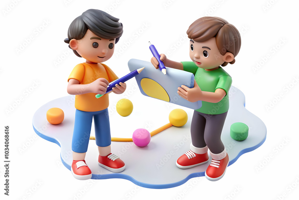 Poster kids brainstorming with mind maps: two focused children creating colorful mind maps on a soft abstra