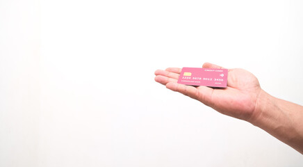 Hand showing credit card, or card, or business card or voucher, isolated on white background, template, mock-up