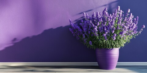 A vibrant display of lavender flowers in a purple vase stands against a purple wall, casting dramatic shadows.