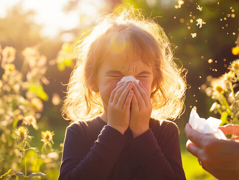 Young girl sneezing due to pollen allergy outdoors