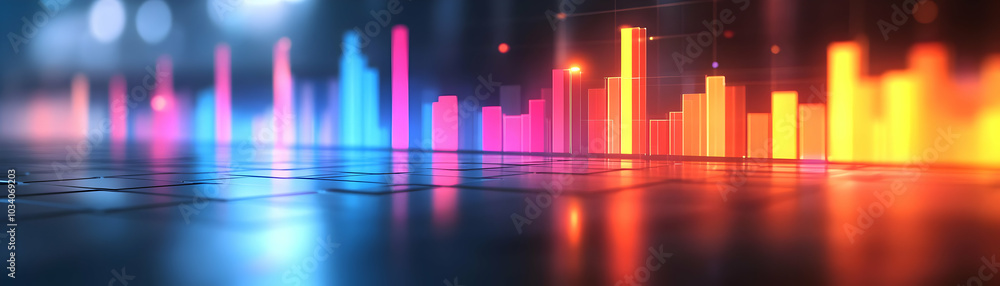 Poster tracking shot through plain geometric shapes with glowing bar graph showcasing revenue growth and ex
