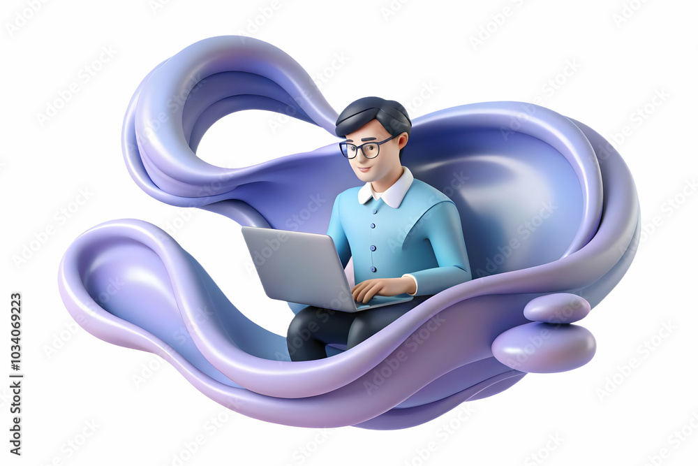 Poster soft abstract waves background with entrepreneur working on laptop - dynamic photo stock concept for
