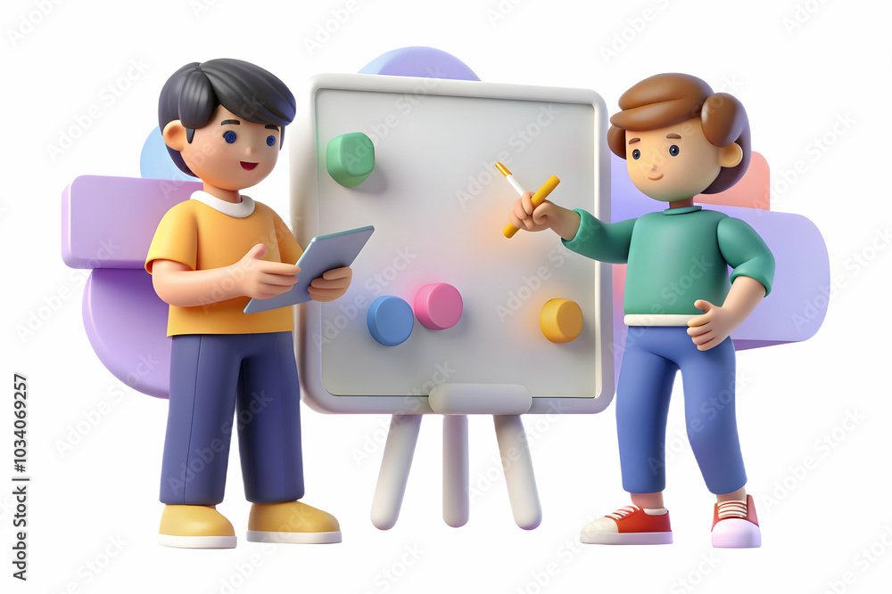 Poster kids brainstorming with interactive whiteboards: two tech-savvy children collaborate and create idea