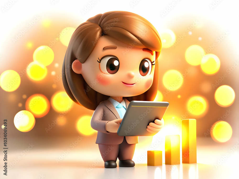 Poster bokeh light effects: businesswoman analyzing data on tablet with dynamic background for professional