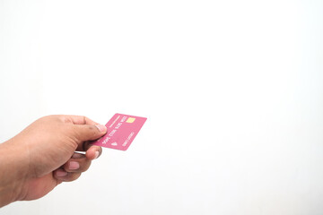 Hand showing credit card, or card, or business card or voucher, isolated on white background, template, mock-up