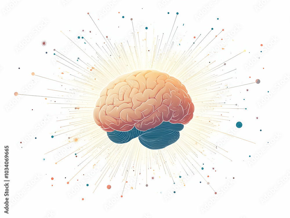 Poster flat levitating brain with light beams - close up of a white brain hovering in space, highlighting m
