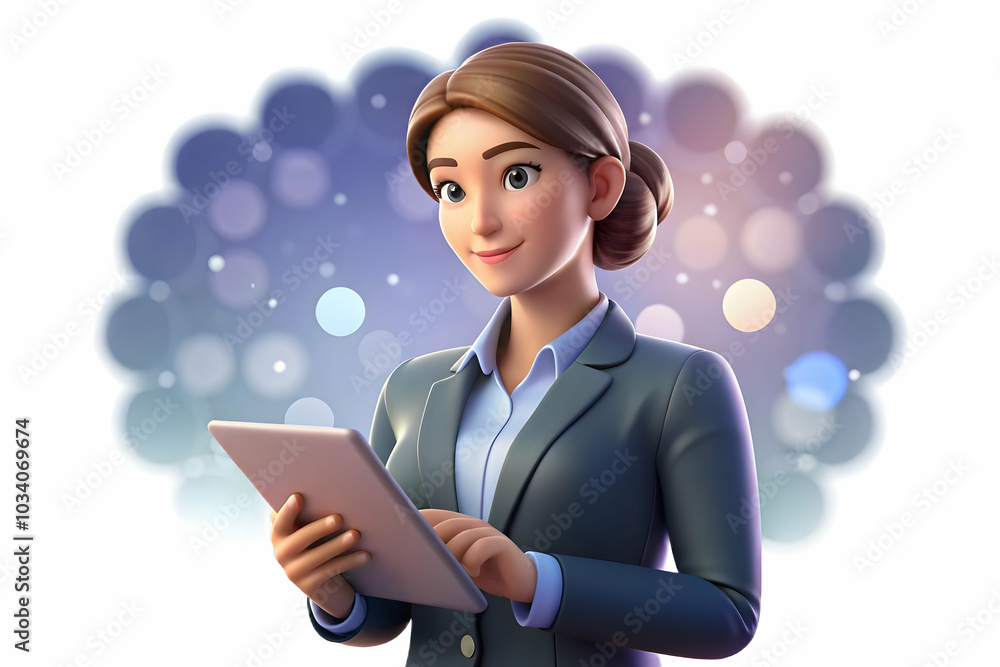 Poster professional businesswoman using tablet with bokeh light effects background for dynamic and modern p