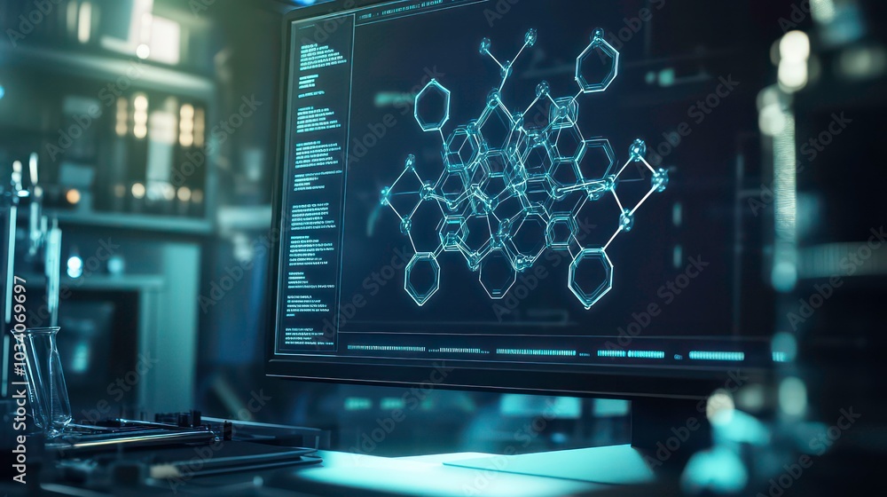 Poster a computer screen displays a complex network of hexagonal shapes in a laboratory setting.