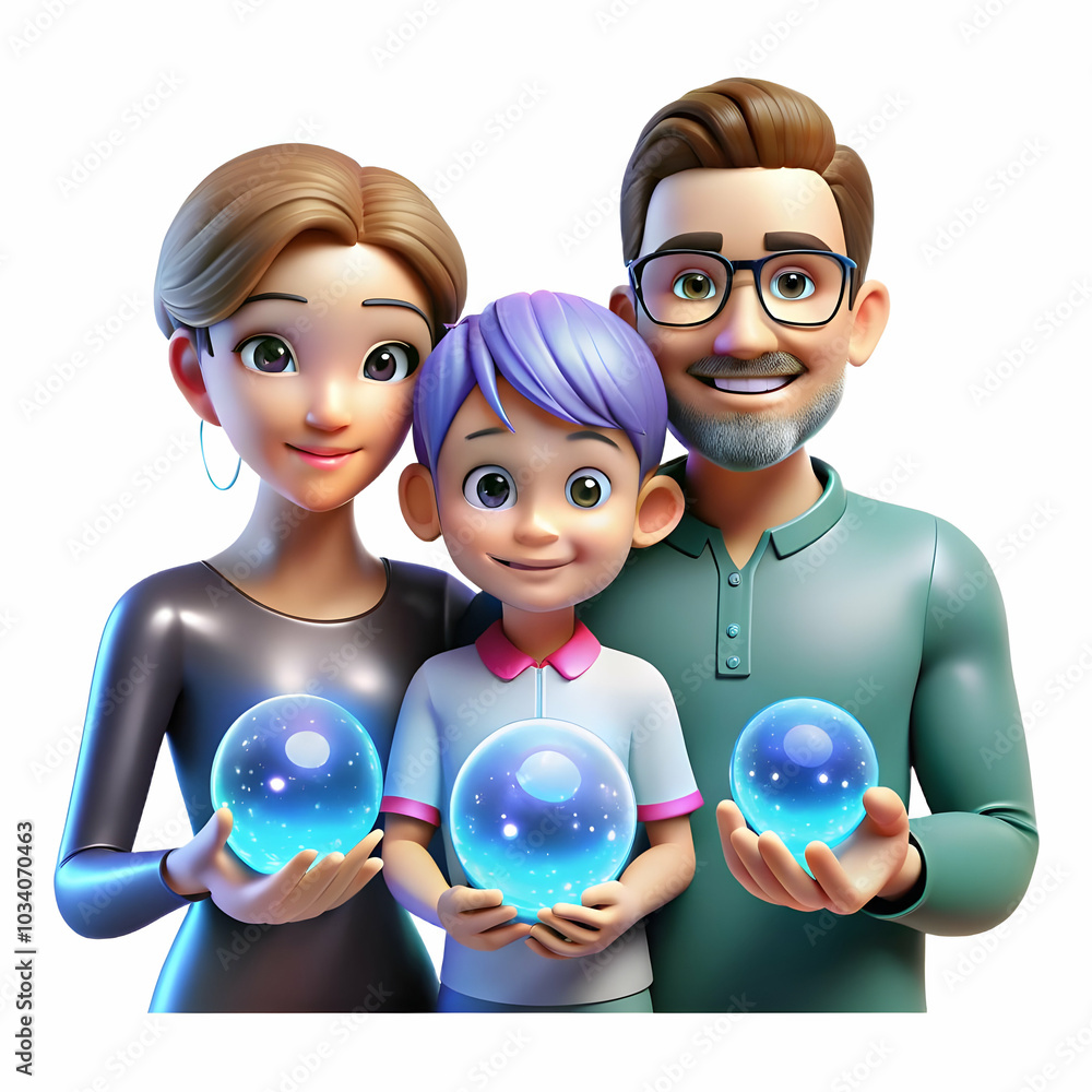 Poster close up of family members holding glowing holographic objects under futuristic light, symbolizing j