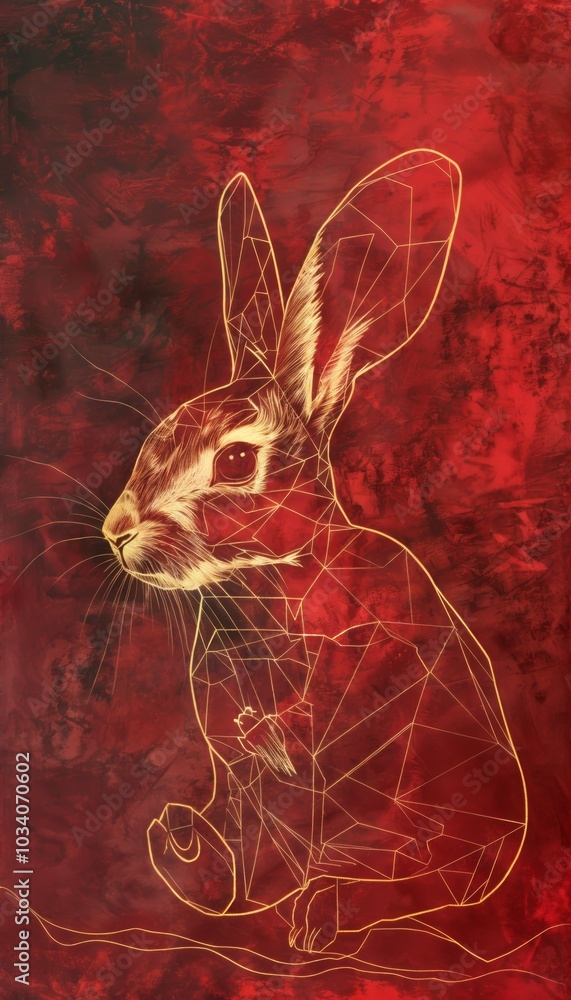 Aufkleber deconstructed golden line art of a rabbit on deep red background