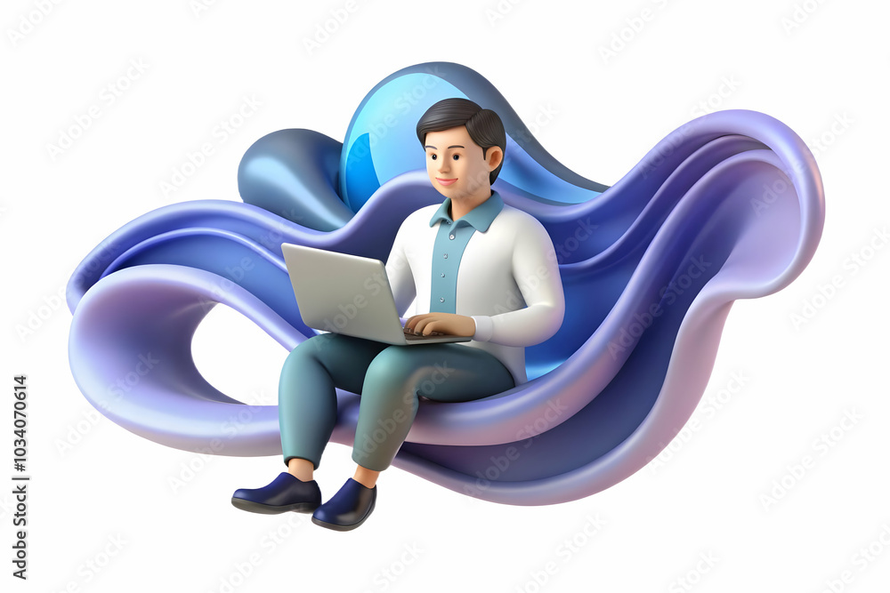 Poster soft abstract waves with entrepreneur working on laptop - fluid background for overlay text in photo