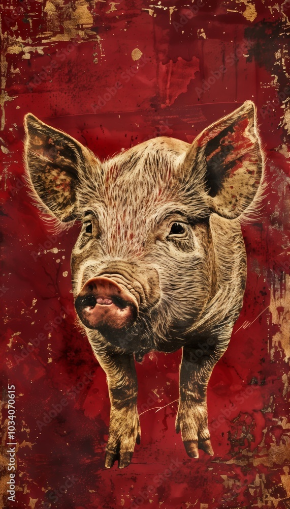 Poster deconstructed golden line art of a pig on deep red background