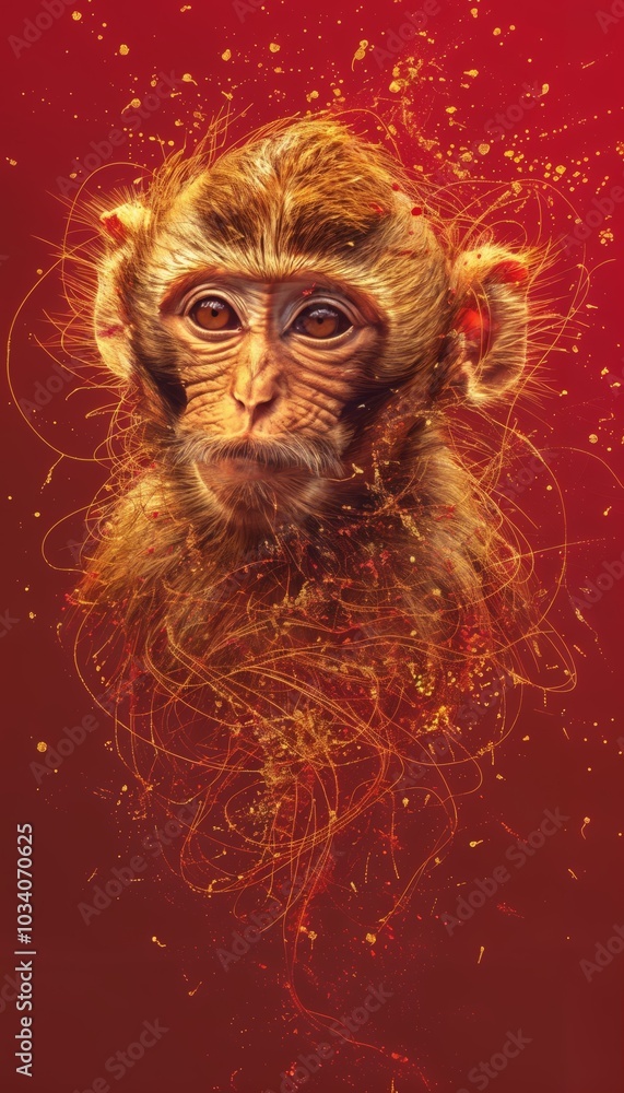 Poster elegant deconstructed golden line art of a monkey on deep red background