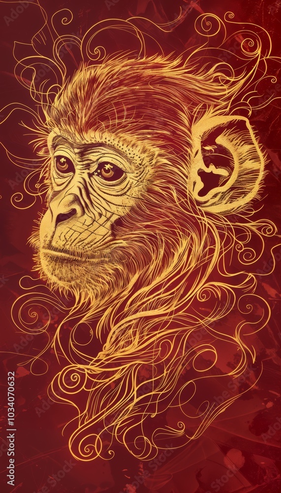 Poster deconstructed golden line art of a monkey on deep red background