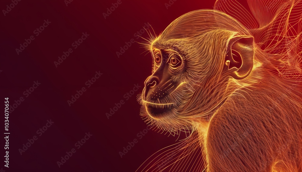 Poster deconstructed golden line art of a monkey on deep red background