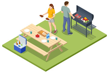 Isometric BBQ scene featuring a grill with various meats and vegetables cooking over an open flame. Outdoor barbecue, perfect for gatherings and casual summer cooking. Barbecue party by the pool.