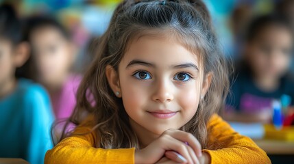 Fototapeta premium Portrait of a young girl smiling in a classroom setting, bright and engaging expression.