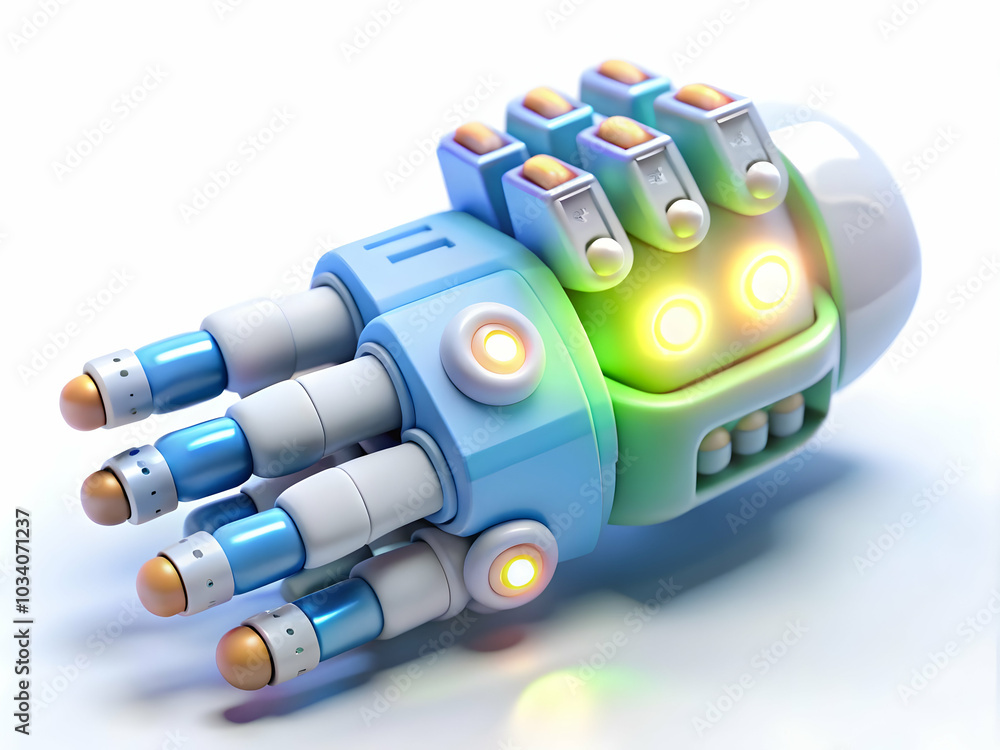 Poster macro shot of futuristic robotic hand with led lights - showcase advanced technology design with cop