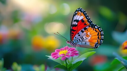 Obraz premium A vibrant butterfly with orange, black, and white wings rests on a pink flower in a field of colorful flowers.