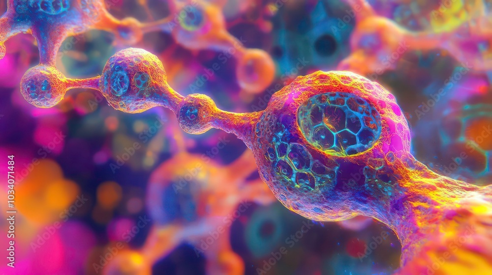 Poster abstract 3d rendering of colorful interconnected spheres, resembling cells or molecules, with a blur